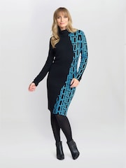 Gina Bacconi Ann Geometric Knit Poloneck Black Dress - Image 5 of 6