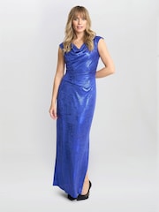 Gina Bacconi Blue Justina Foil Print Cowl Neck Maxi Dress - Image 1 of 6