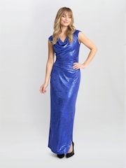 Gina Bacconi Blue Justina Foil Print Cowl Neck Maxi Dress - Image 3 of 6