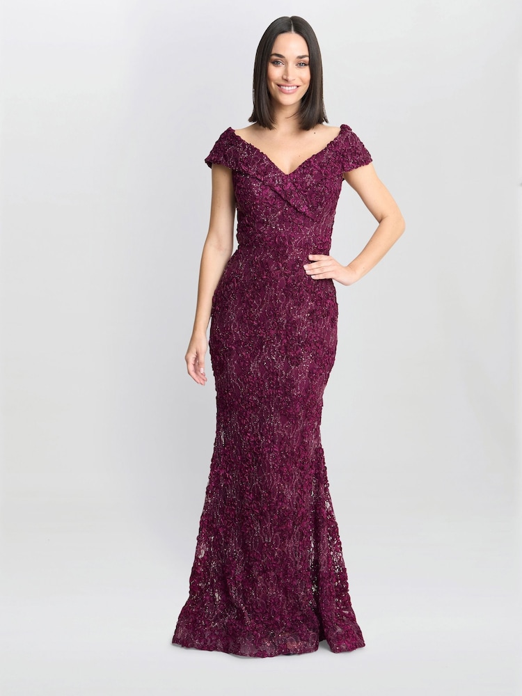 Gina Bacconi Red Brigette Off The Shoulder Lace Maxi Dress - Image 3 of 6