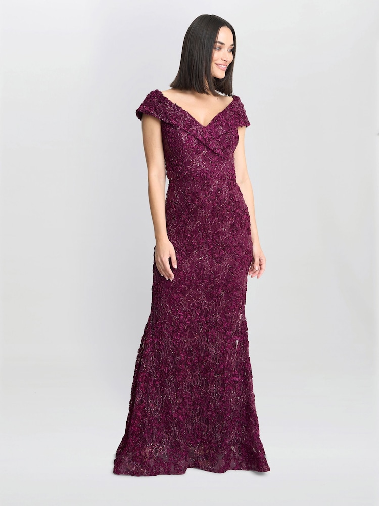 Gina Bacconi Red Brigette Off The Shoulder Lace Maxi Dress - Image 5 of 6