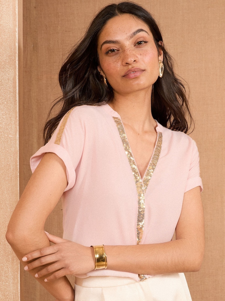 Love & Roses Pink Sequin V-Neck blouse - Image 1 of 4 Love & Roses Pink Sequin V-Neck blouse - Image 1 of 4