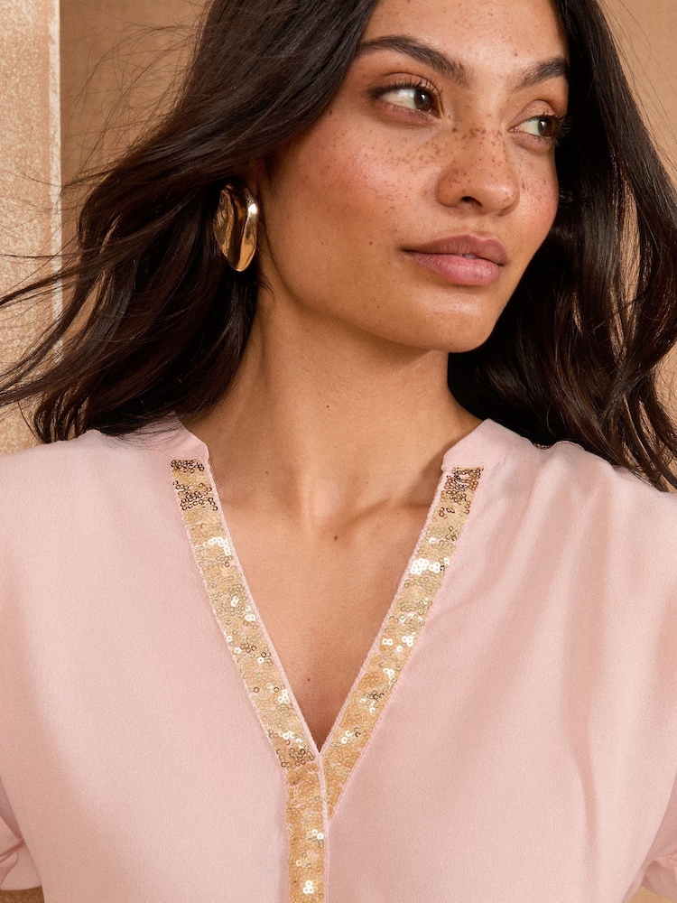 Love & Roses Pink Sequin V-Neck blouse - Image 2 of 4 Love & Roses Pink Sequin V-Neck blouse - Image 2 of 4