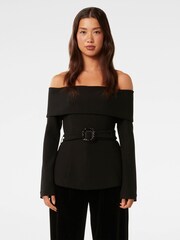 Forever New Black Courtney Belted Bardot Top - Image 1 of 5
