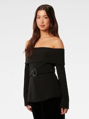 Forever New Black Courtney Belted Bardot Top - Image 4 of 5
