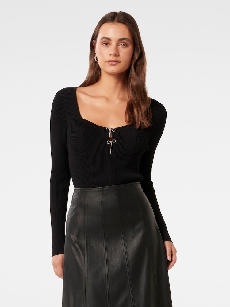 Forever New Black Bella Embellished Bow Knit Top - Image 1 of 5