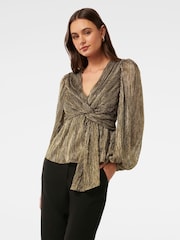 Forever New Gold Cassidy Metallic Plisse Top - Image 1 of 5
