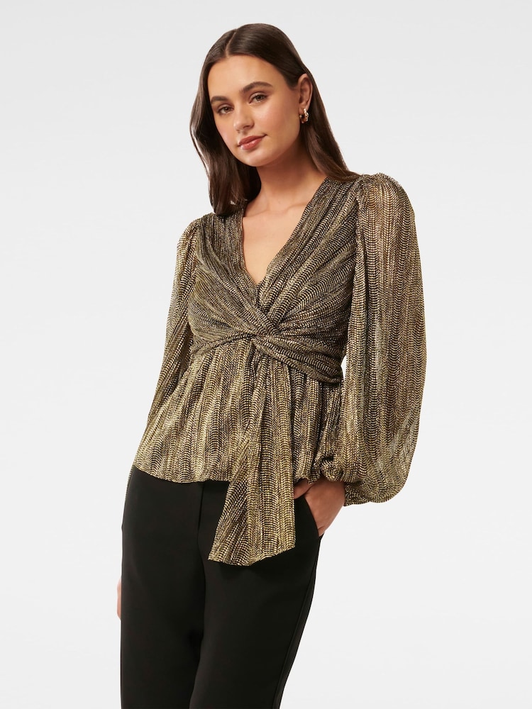 Forever New Gold Cassidy Metallic Plisse Top - Image 1 of 5