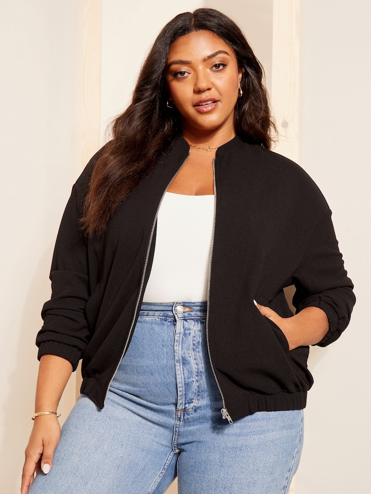 Curves Like These Black Zip Up Bomber Jacket - Image 1 of 4