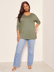 Curves Like These Green Soft Jersey V-Neck Long Sleeve Tunic Top - Image 1 of 5