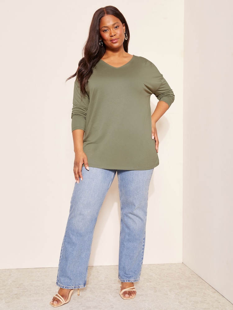 Curves Like These Green Soft Jersey V-Neck Long Sleeve Tunic Top - Image 1 of 5