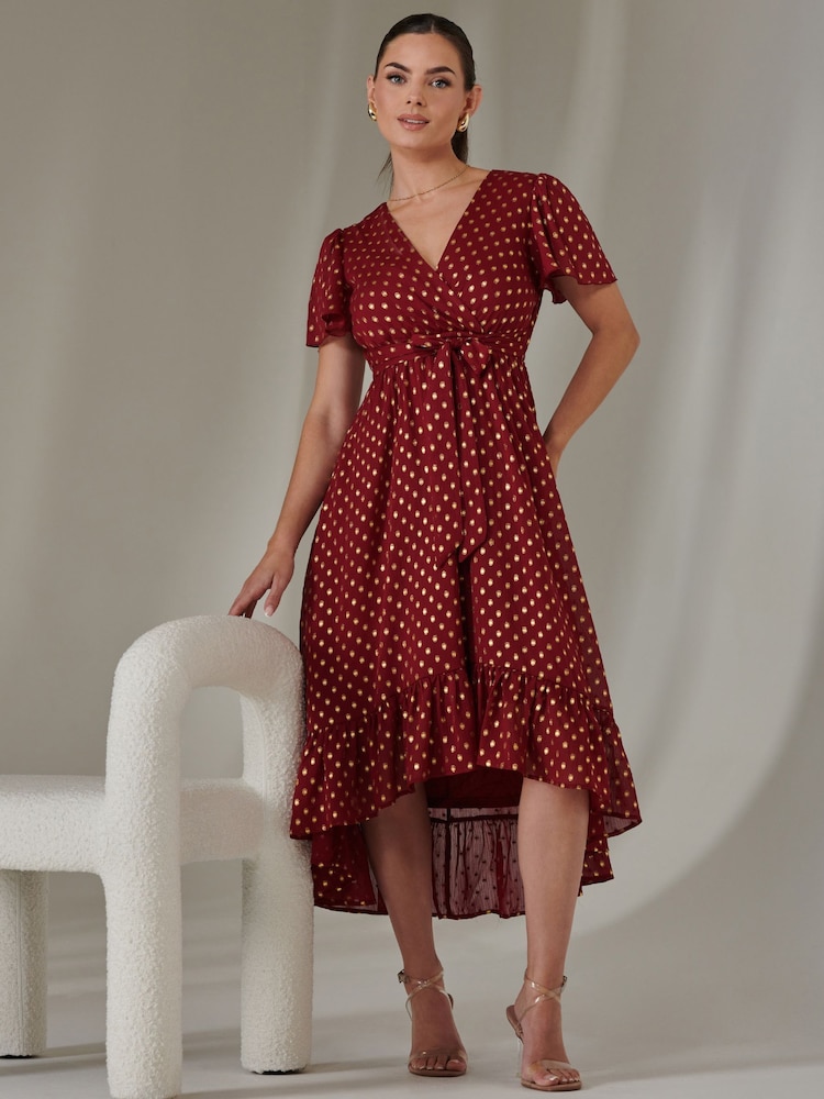 Jolie Moi Red Petite Metallic Spot Textured Chiffon Maxi Dress - Image 1 of 6