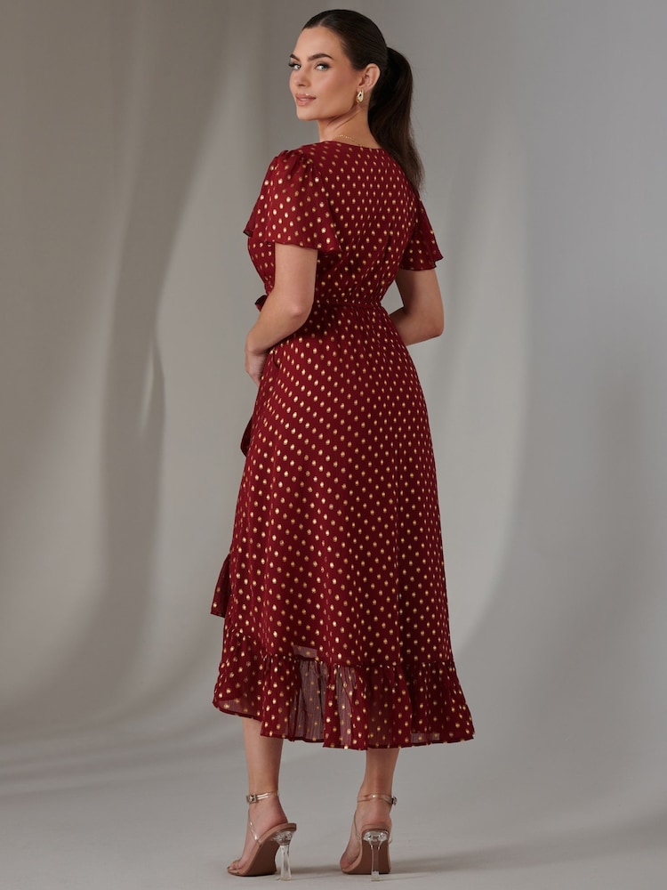 Jolie Moi Red Petite Metallic Spot Textured Chiffon Maxi Dress - Image 2 of 6
