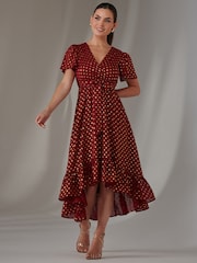 Jolie Moi Red Petite Metallic Spot Textured Chiffon Maxi Dress - Image 5 of 6