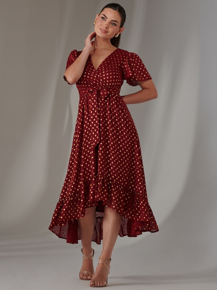 Jolie Moi Red Petite Metallic Spot Textured Chiffon Maxi Dress - Image 6 of 6