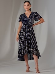 Jolie Moi Blue Petite Metallic Effect Angel Sleeve Maxi Dress - Image 1 of 6