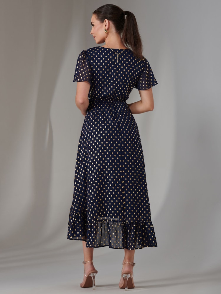Jolie Moi Blue Petite Metallic Effect Angel Sleeve Maxi Dress - Image 2 of 6