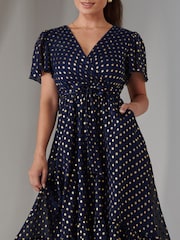 Jolie Moi Blue Petite Metallic Effect Angel Sleeve Maxi Dress - Image 3 of 6