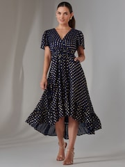 Jolie Moi Blue Petite Metallic Effect Angel Sleeve Maxi Dress - Image 4 of 6