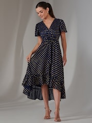 Jolie Moi Blue Petite Metallic Effect Angel Sleeve Maxi Dress - Image 6 of 6