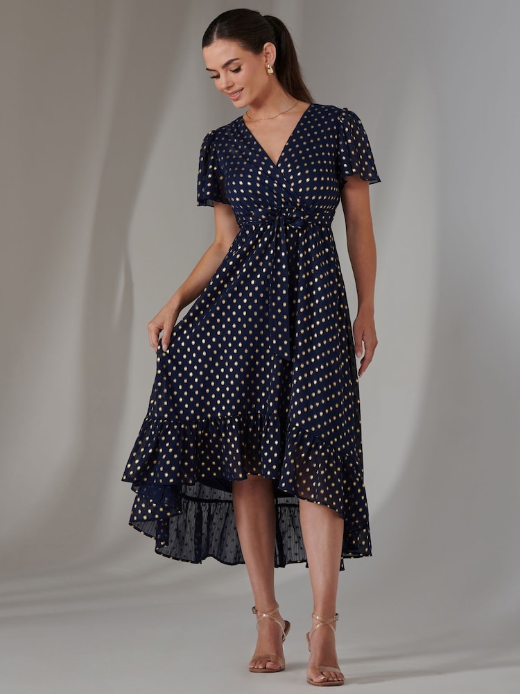 Jolie Moi Blue Petite Metallic Effect Angel Sleeve Maxi Dress - Image 6 of 6