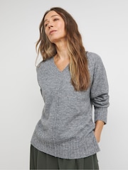 JD Williams Grey Ribbed Detail V-Neck Jumper - Image 1 of 4