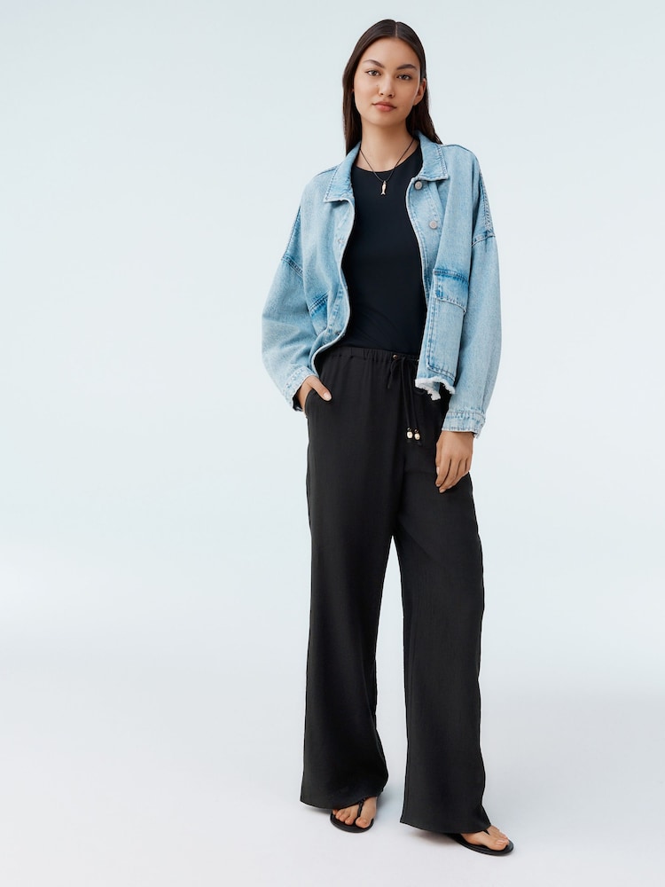 Black Textured Crinkle Wide Leg Trousers - Image 1 of 8