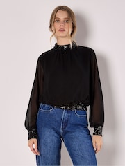 Apricot Black Sequin Detail Long Sleeve Top - Image 1 of 4