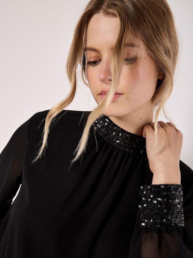 Apricot Black Sequin Detail Long Sleeve Top - Image 2 of 4
