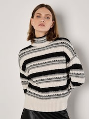 Apricot Black Pointelle High Neck Striped Jumper - Image 2 of 4