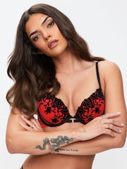 Ann Summers Black Twilight Charm Flocked Embroidered And Mesh Padded Plunge Bra - Image 1 of 4