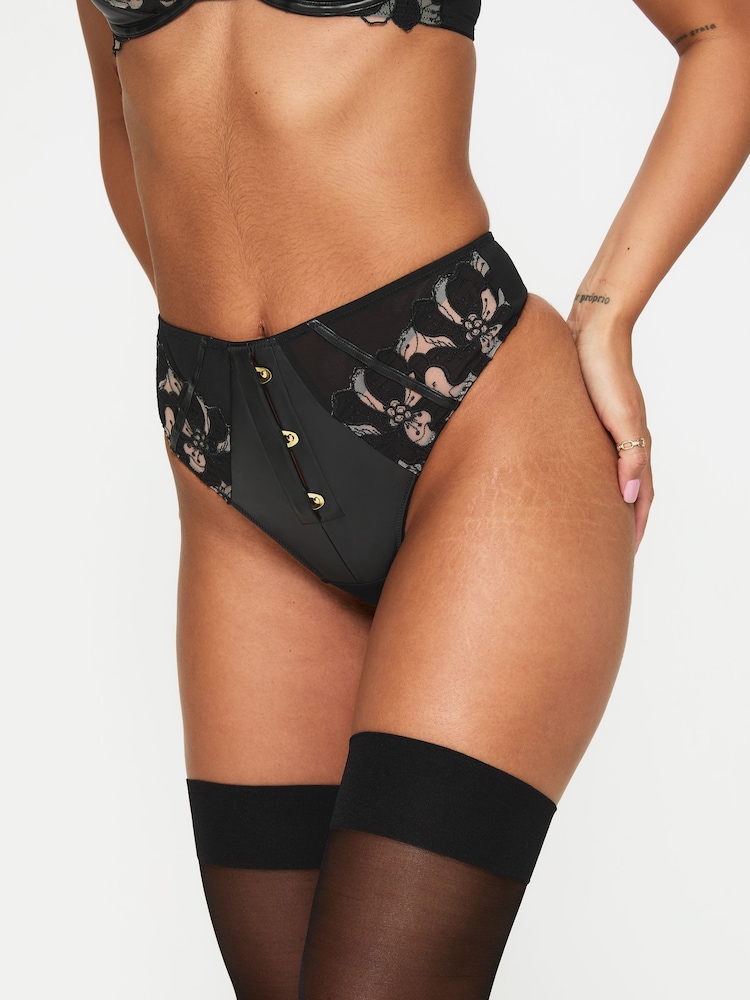Ann Summers Dark Side Floral Embroidered And Faux Leather High Waisted Thong - Image 1 of 5