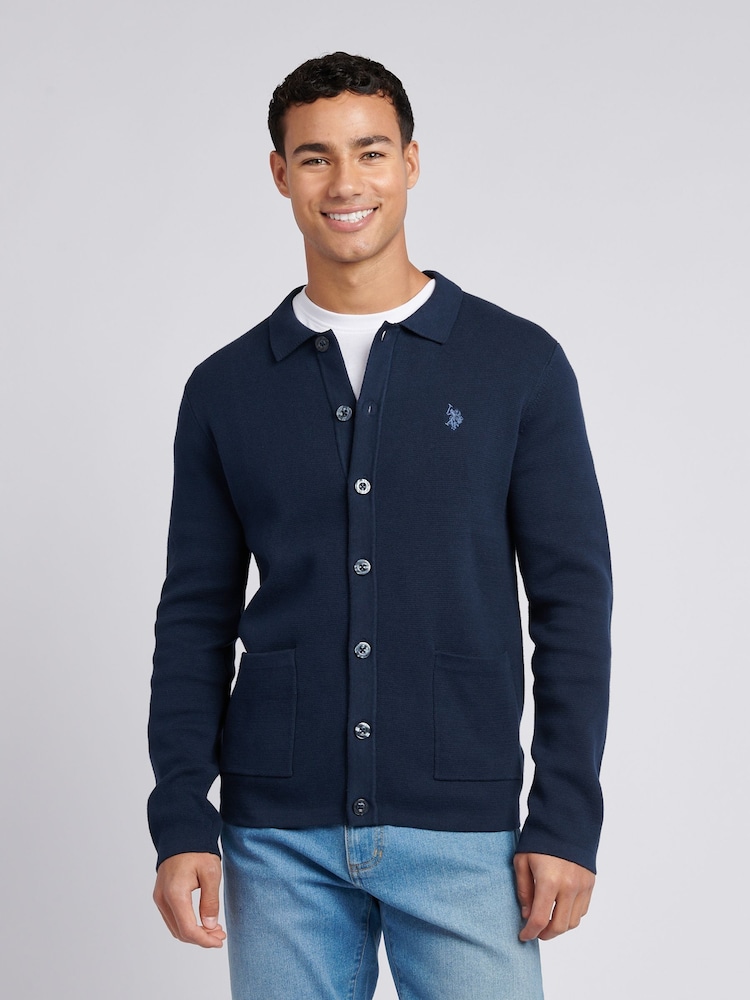 U.S. Polo Assn Blue Mens Milano Stitch Long Sleeve 100% Cotton Knit Polo Shirt - Image 1 of 7