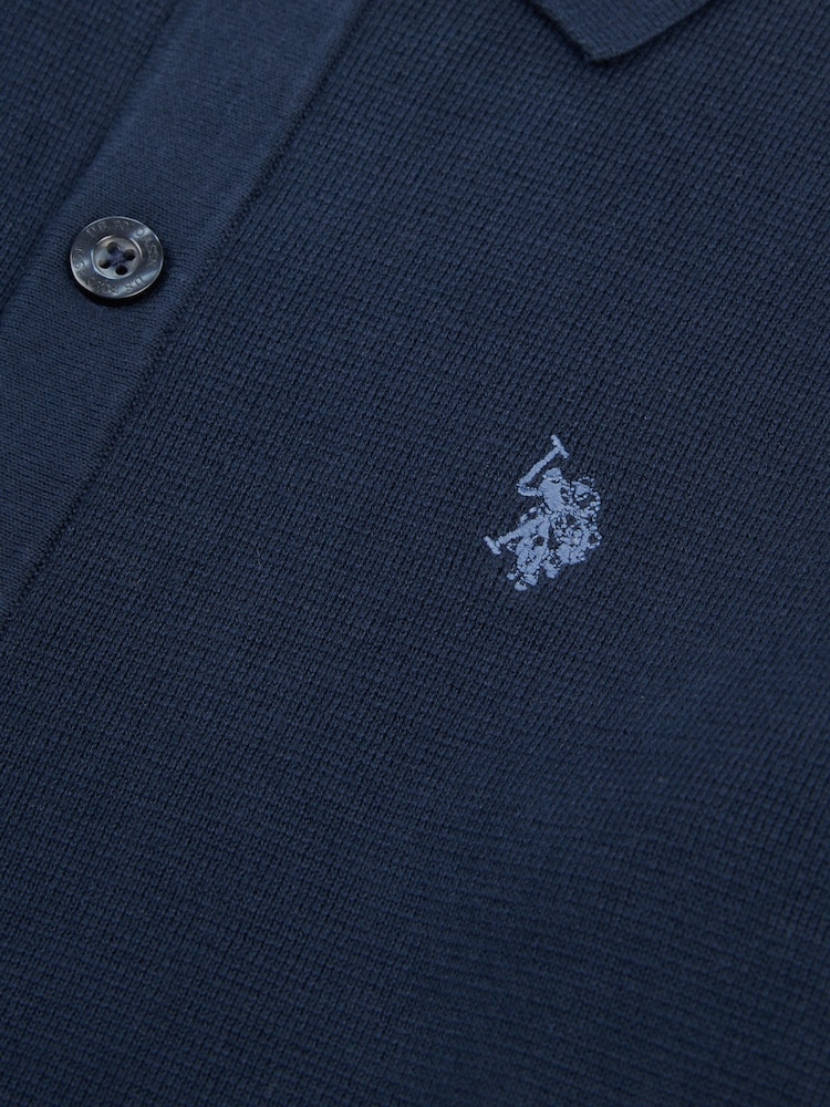 U.S. Polo Assn Blue Mens Milano Stitch Long Sleeve 100% Cotton Knit Polo Shirt - Image 7 of 7