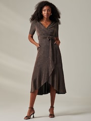 Jolie Moi Charcoal Black Metallic Tie Waist Wrapped Maxi Dress - Image 1 of 6