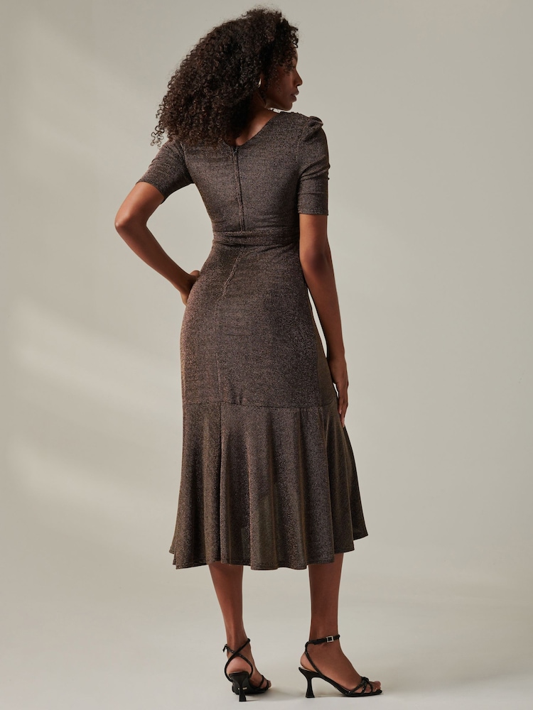 Jolie Moi Charcoal Black Metallic Tie Waist Wrapped Maxi Dress - Image 2 of 6
