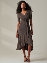 Jolie Moi Charcoal Black Metallic Tie Waist Wrapped Maxi Dress - Image 3 of 6