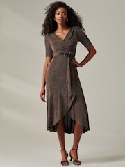 Jolie Moi Charcoal Black Metallic Tie Waist Wrapped Maxi Dress - Image 4 of 6