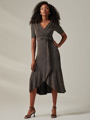 Jolie Moi Charcoal Black Metallic Tie Waist Wrapped Maxi Dress - Image 5 of 6