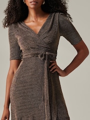 Jolie Moi Charcoal Black Metallic Tie Waist Wrapped Maxi Dress - Image 6 of 6