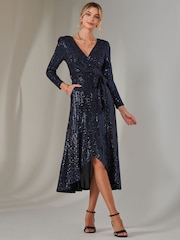 Jolie Moi Blue Long Sleeve Metallic Spot Maxi Dress - Image 1 of 6