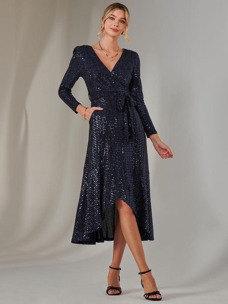Jolie Moi Blue Long Sleeve Metallic Spot Maxi Dress - Image 1 of 6