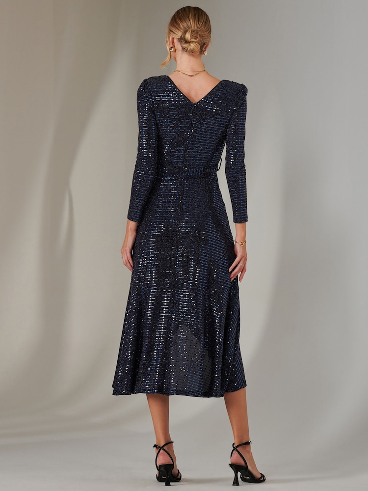 Jolie Moi Blue Long Sleeve Metallic Spot Maxi Dress - Image 2 of 6