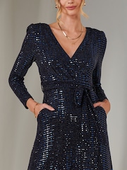 Jolie Moi Blue Long Sleeve Metallic Spot Maxi Dress - Image 3 of 6