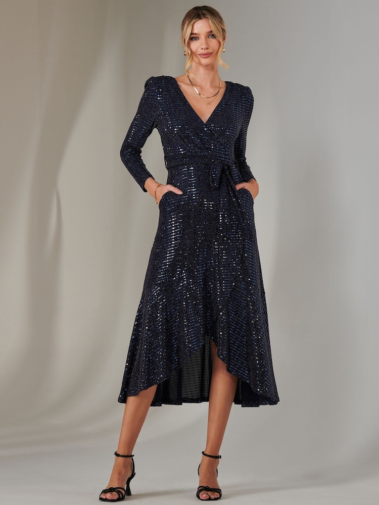 Jolie Moi Blue Long Sleeve Metallic Spot Maxi Dress - Image 4 of 6