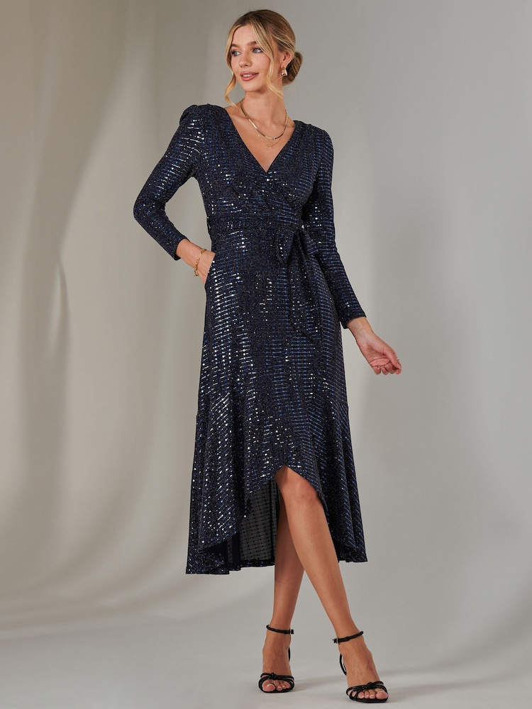 Jolie Moi Blue Long Sleeve Metallic Spot Maxi Dress - Image 5 of 6