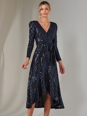 Jolie Moi Blue Long Sleeve Metallic Spot Maxi Dress - Image 6 of 6