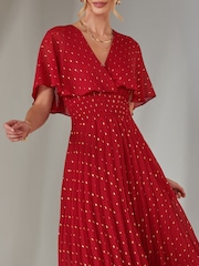 Jolie Moi Red Metallic Spot Chiffon Pleated Dress - Image 3 of 6