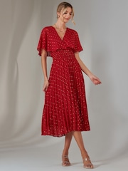 Jolie Moi Red Metallic Spot Chiffon Pleated Dress - Image 4 of 6