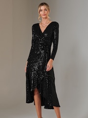 Jolie Moi Black Long Sleeve Metallic Spot Maxi Dress - Image 1 of 4
